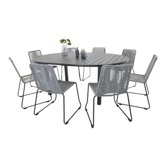Matgrupp Utomhus - Venture Home Marbella Runt Matbord Ø140 Svart + 8 Lindos Matstolar SvartGrå