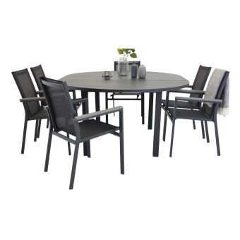 Matgrupp Utomhus - Venture Home Marbella Runt Matbord Ø140x74 Svart + 6 Parma Karmstolar Svart