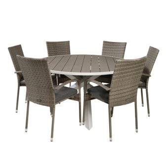 Matgrupp Utomhus - Venture Home Parma Runt Matbord Ø140 VitGrå + 6 Anna Matstolar Grå