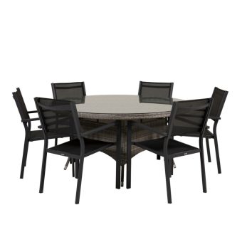 Matgrupp Utomhus - Venture Home Volta Runt Matbord Ø150 Grå + 6 Copacabana Karmstolar Svart